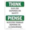 Signmission OSHA THINK Sign, Our Job Depends On Safety Bilingual, 18in X 12in Decal, 12" W, 18" L, Landscape OS-TS-D-1218-L-11853 - alternate 1
